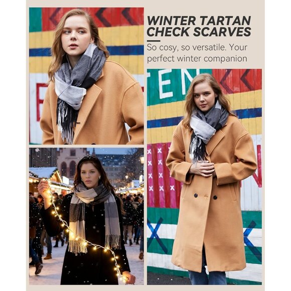 Women Black White Grey Winter Warm Shawl Wraps Tartan Blanket Oversized Scarves - Picture 3 of 6